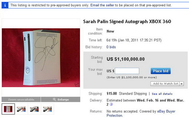 Sarah Palin Signed Autograph XBOX 360 on eBay