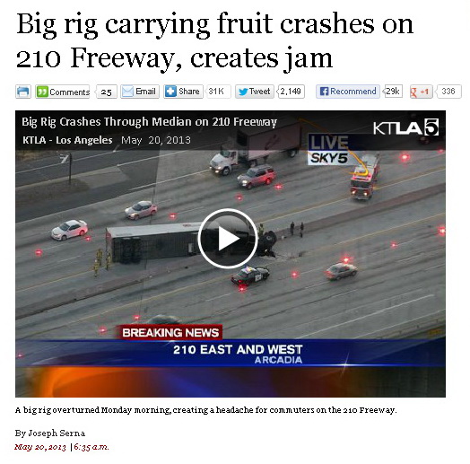 Big rig carrying fruit crashes on 210 Freeway, creates jam