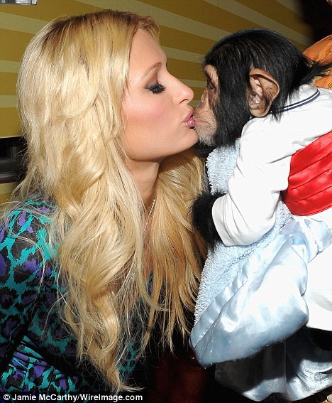 Paris Hilton kissing a chimp