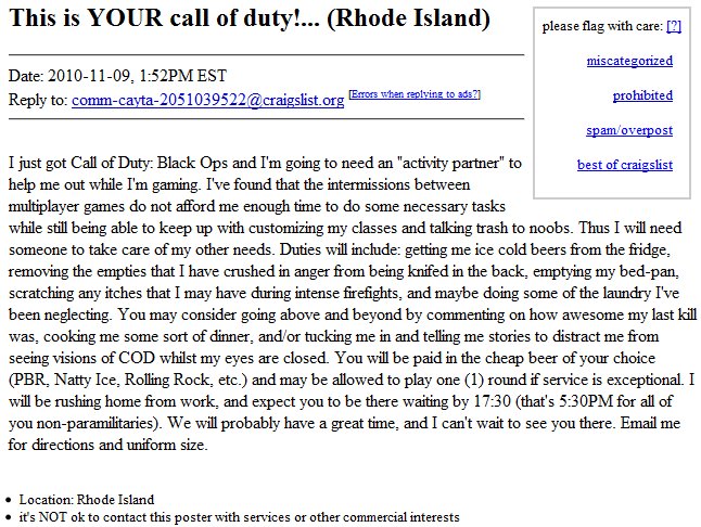 Craigslist: This is YOUR call of duty!... (Rhode Island)