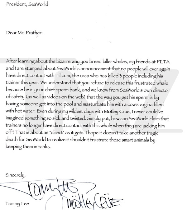 Tommy Lee's letter to SeaWorld