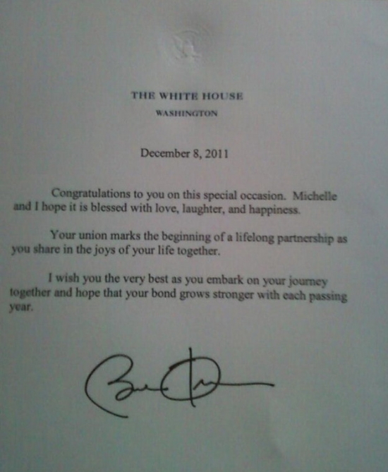 Obama sends congratulatory letter to gay married couple